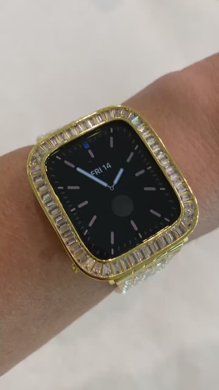 Gold Apple Watch Band Womens Swarovski Crystal Baguettes 38mm 40mm 41mm 42mm 44mm 45mm & or Apple Watch Cover Lab Diamonds Smartwatch Case