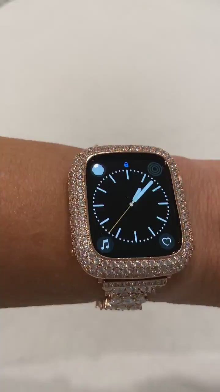 Apple Watch Band Rose Gold Swarovski Crystals & or Apple Watch Cover Lab Diamond Bezel Case Smartwatch Bumper Case 38-49mm Ultra