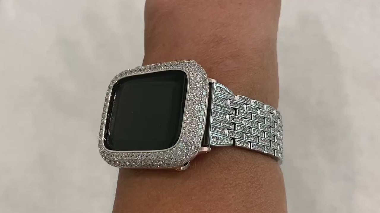 Dressy Silver Apple Watch Band Woman Stainless Steel & or Apple Watch Cover Lab Diamond Bezel Bling 38mm-49mm Ultra Iwatch Case Protector