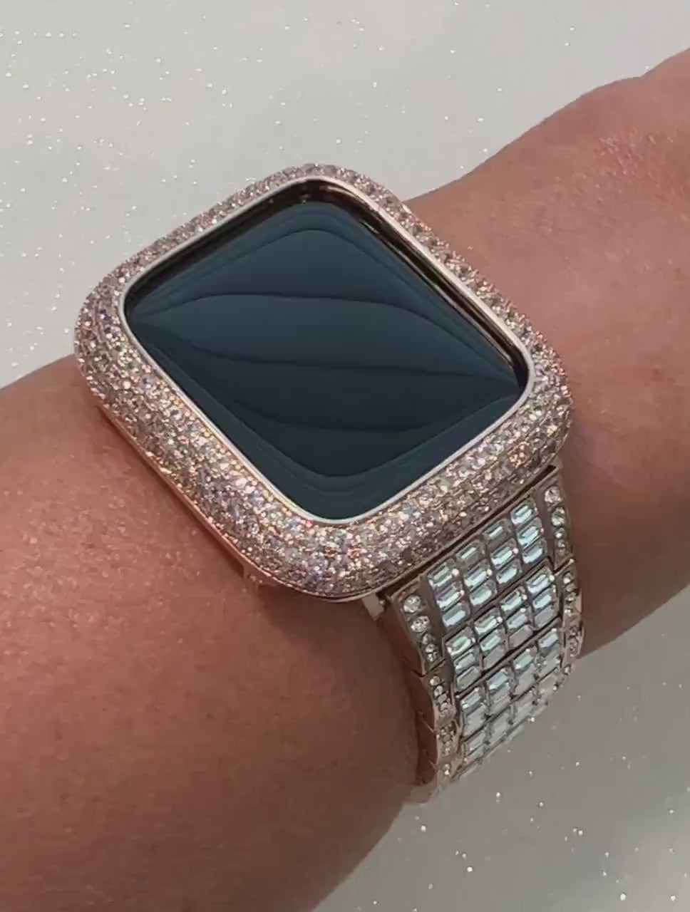 Apple Watch Band Women Rose Gold  Crystals & or Apple Watch Cover Pave Lab Diamond Bezel Case 38mm-49mm Ultra Iwatch Candy Bling