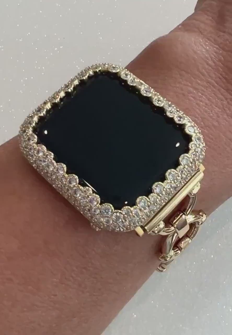 Minimalist Gold Apple Watch Band Womens Bracelet 38mm-49mm Ultra, Iphone Watch band & or Apple Watch Case Lab Diamond Bezel Cover Gift