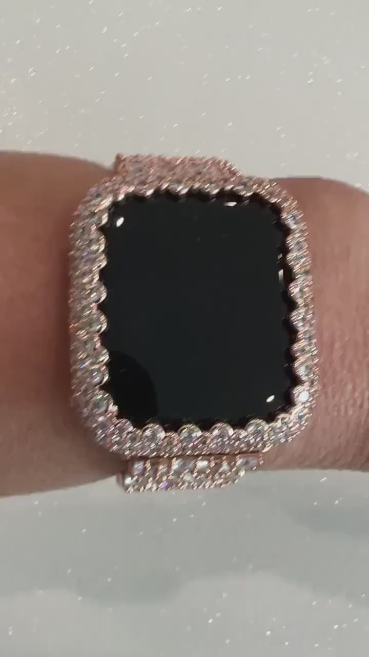 Statement Apple Watch Band Womens Rose Gold Swarovski Crystals & or Apple Watch Case Lab Diamond Bezel 38mm-49mm Ultra Iphone Watch Cover