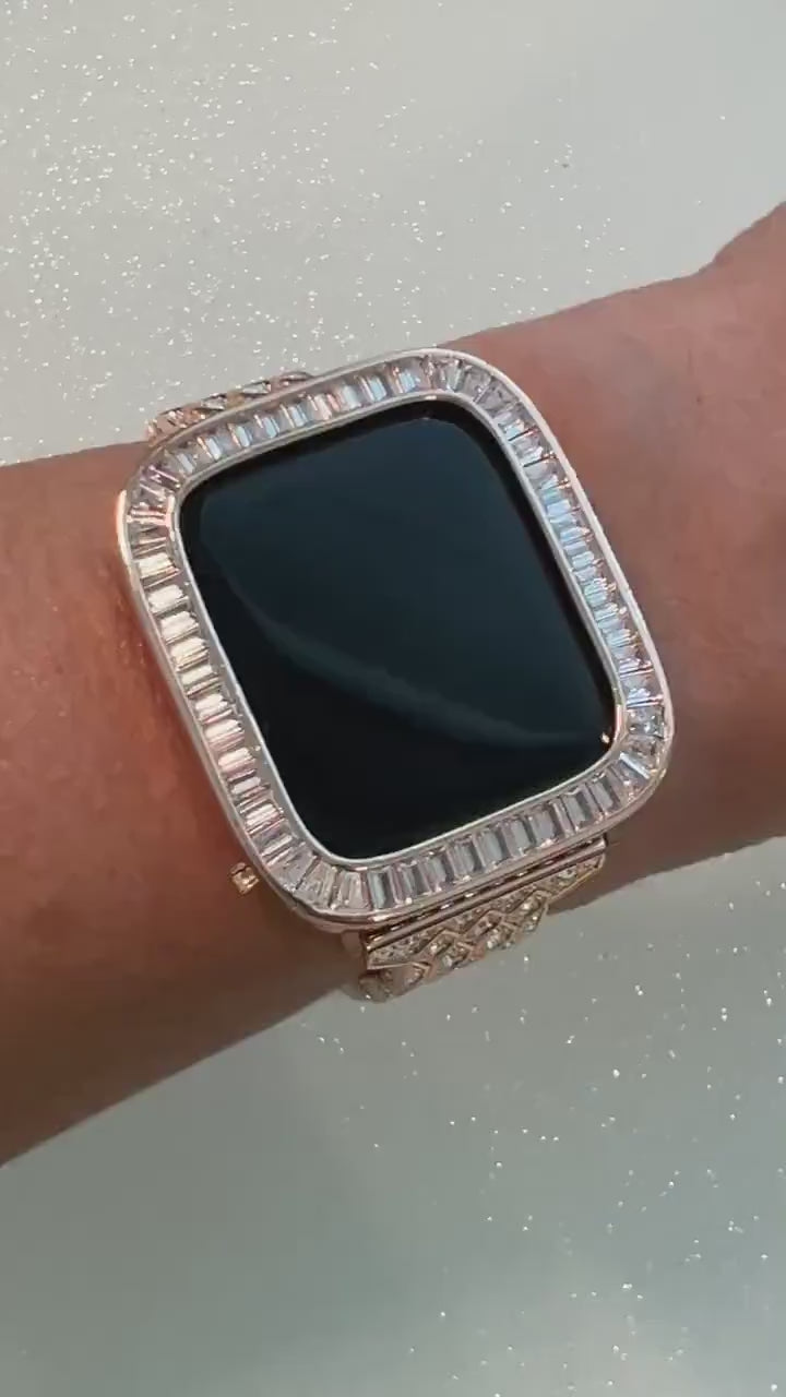 Series 10-11 Apple Watch Band Womens Rose Gold, Iphone Watch Band Swarovski Crystal & or Apple Watch Cover Baguette Lab Diamond Iwatch Case