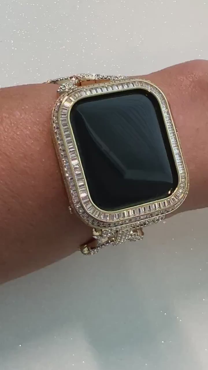 Designer Apple Watch Band Women Yellow Gold Swarovski Crystal & or Custom Apple Watch Cover Baguette Lab Diamond Bezel Case Iwatch Series 10
