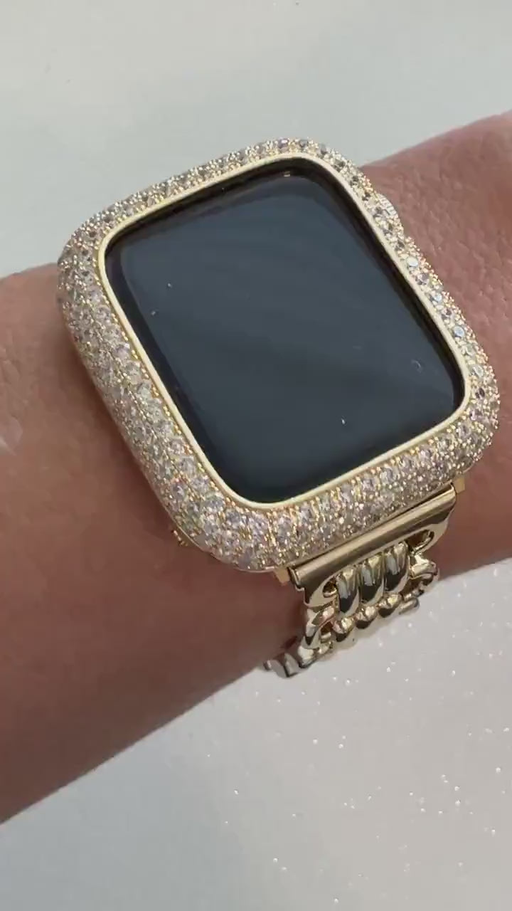 Series 10-11 Gold Designer Apple Watch Band Link Bracelet, Iphone Watch Band & or Apple Watch Case Baguette Lab Diamonds Iwatch Phone Cover