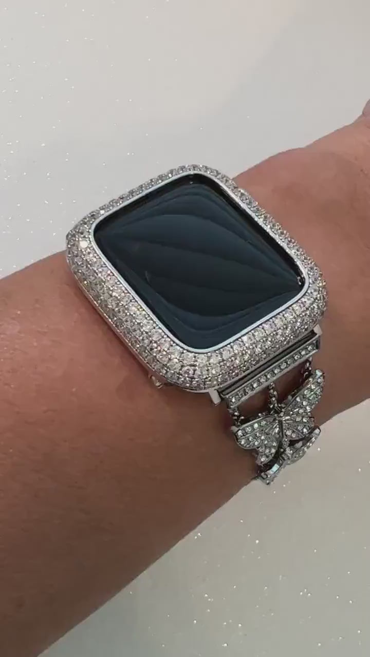 Butterfly Apple Watch Band, Crystal Watch Bracelet & or Silver IWatch Cover, Lab Diamond Bezel 49mm Ultra 4