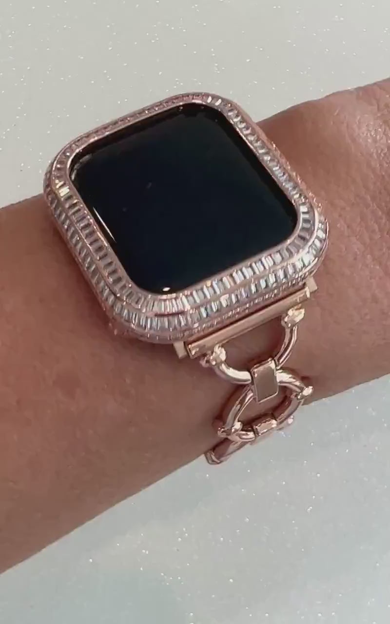 Minimalist Rose Gold Apple Watch Band Womens Bracelet, Iwatch Phone band & or Apple Watch Case Baguette Lab Diamond Bezel Iwatch Cover Gift