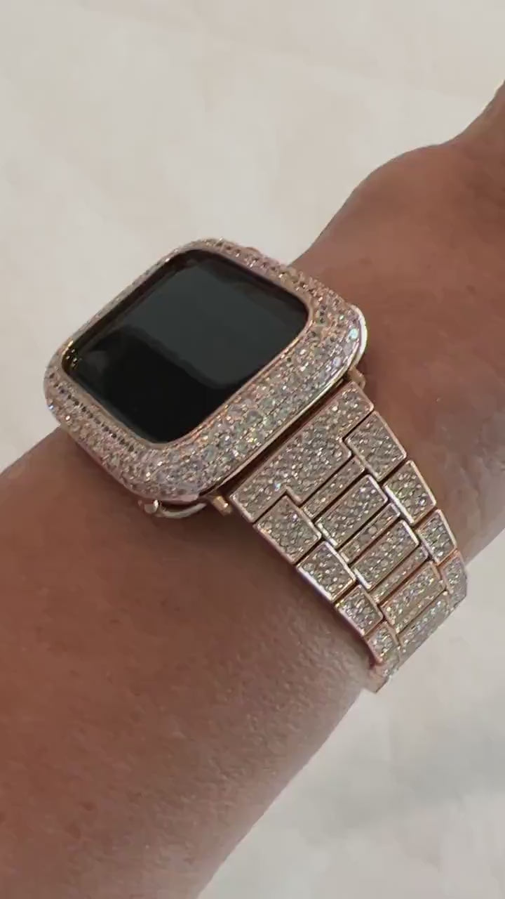 Pave Apple Watch Band Women 38 40 41 42 44 45 46 49 Ultra Swarovski Crystal Rose Gold & or Apple Watch Cover Lab Diamond Bezel Series 10-11