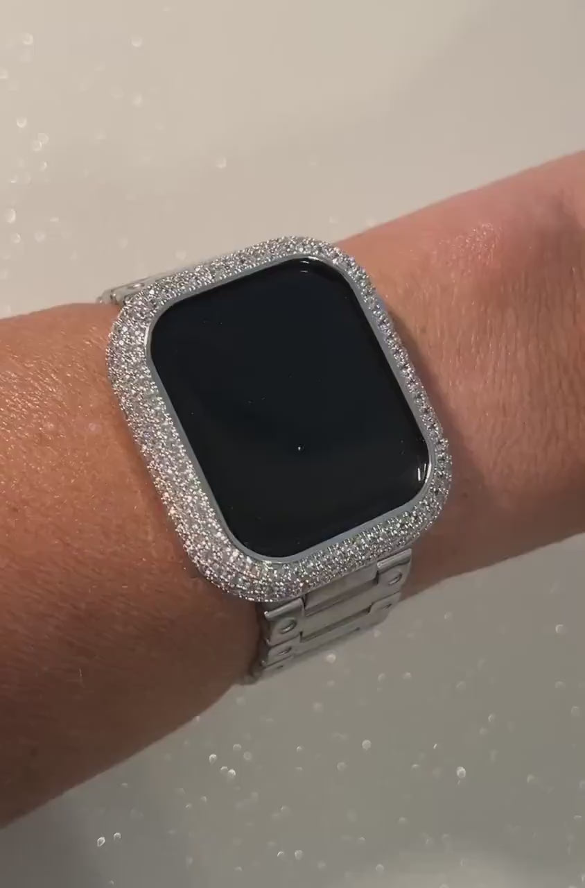 Series 11 Apple Watch Band Silver Stainless Steel Minimalist & or Apple Watch Case Lab Diamond Bezel Apple Watch Cover Iwatch Candy 38-49mm