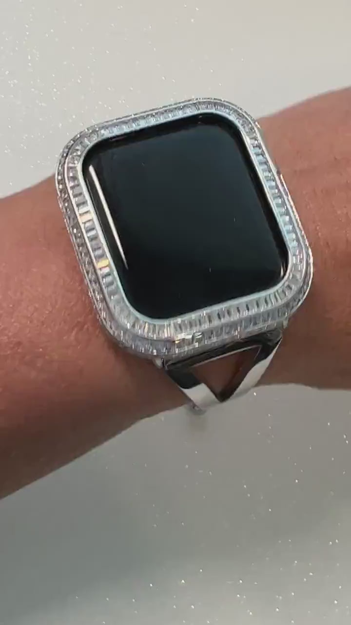 Sleek Sliver Apple Watch Band Bangle Bracelet Womens & or Custom Apple Watch Case 3 Rows of Baguette Lab Diamonds Iwatch Candy 40 41 44 45mm