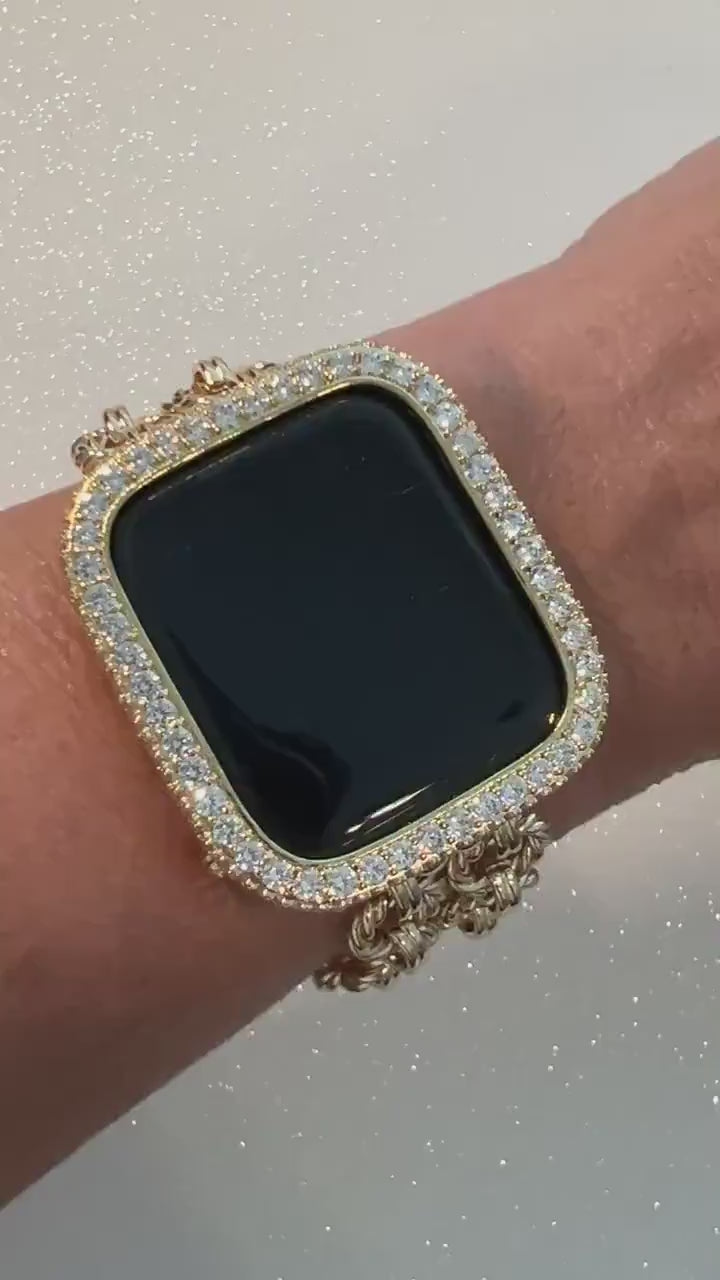 Gold Chain Apple Watch Band, Iphone Watch Bracelet & or Apple Watch Case Lab Diamond Bezel Iwatch Cover 39mm-49mm Ultra Series 2-12 SE