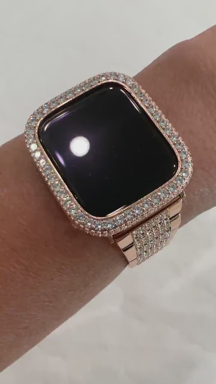 Rose Gold Apple Watch Band Stainless Steel Swarovski Crystal & or Apple Watch Case Lab Diamond Iphone Watch Cover 38mm-49mm Ultra Bling Band