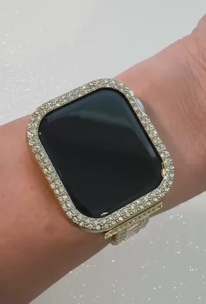 42mm 46mm Apple Watch Band Series 12 Womens Swarovski Crystals & Gold Apple Watch Case 38mm-49mm 38mm-49mm Protective Iwatch Cover Bling