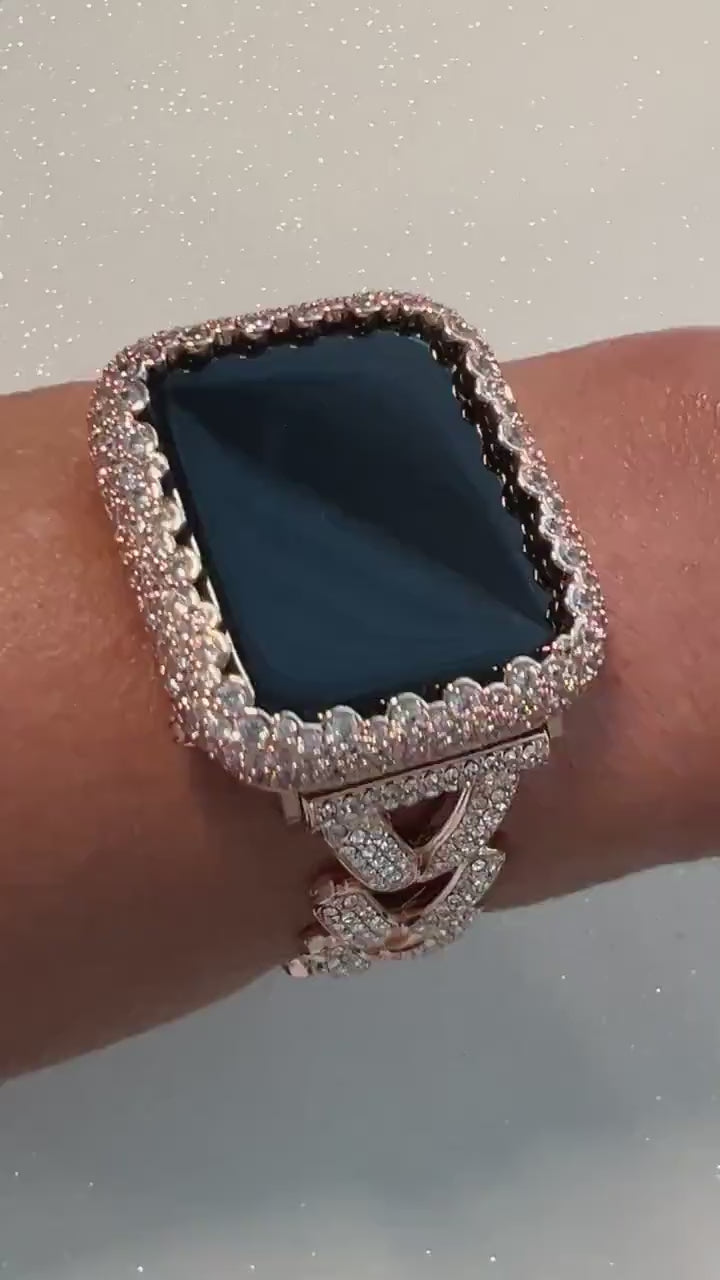 Pave Apple Watch Band Woman Rose Gold Swarovski Crystal Heart Charm & or Apple Watch Case Lab Diamond Bezel 38mm-49mm Iphone Watch Cover
