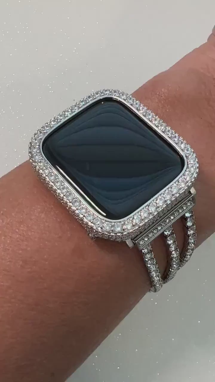 Designer Apple Watch Band Womens Silver High End Crystal Bracelet & or Apple Watch Case Pave Lab Diamonds Iwatch Candy Bumper Bling 38-49mm