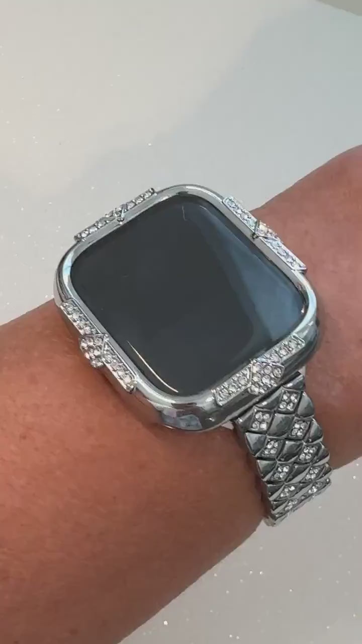 Silver Apple Watch Band Womens Bracelet Swarovski Crystal & or Apple Watch Case Swarovski Crystal phone Watch Cover Tempered Glass Series 10