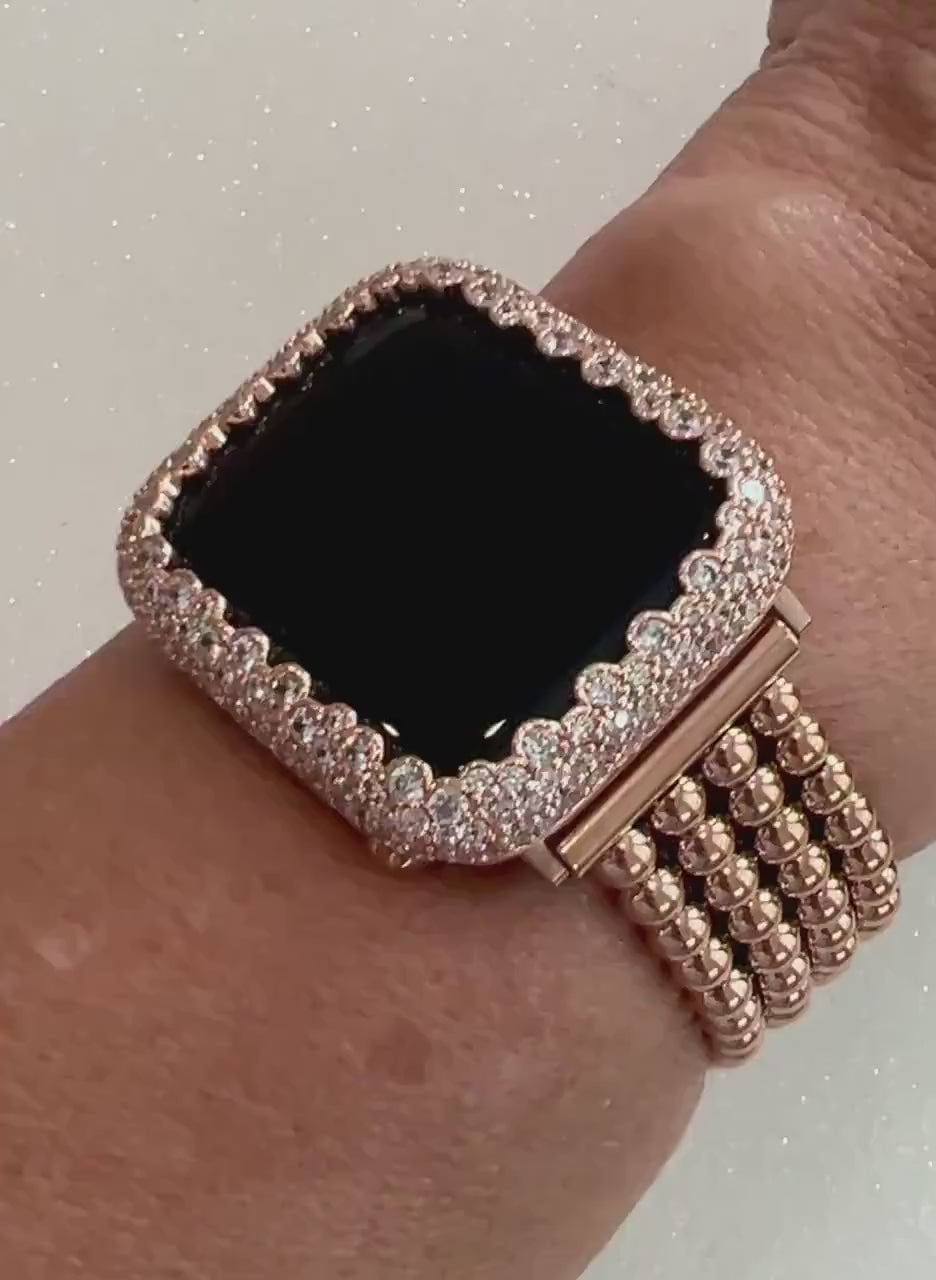 Rose Gold Apple Watch Band Women Four Row Beaded Bracelet 38mm-49mm Ultra& or Apple Watch Case Lab Diamond Bezel Cover Gift Iwatch Case
