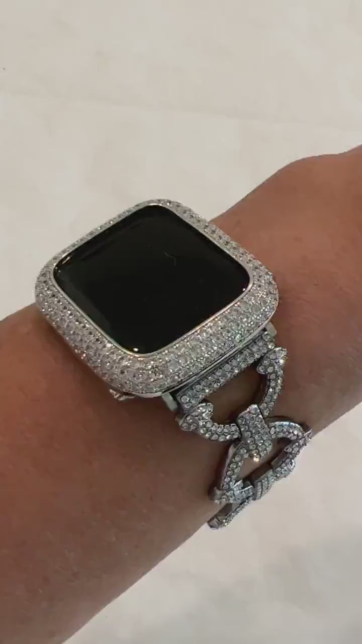 Pave Apple Watch Band Women, Silver High End Crystal 38mm-49mm & or Apple Watch Cover, Lab Diamond Bezel, Bling Iwatch Case