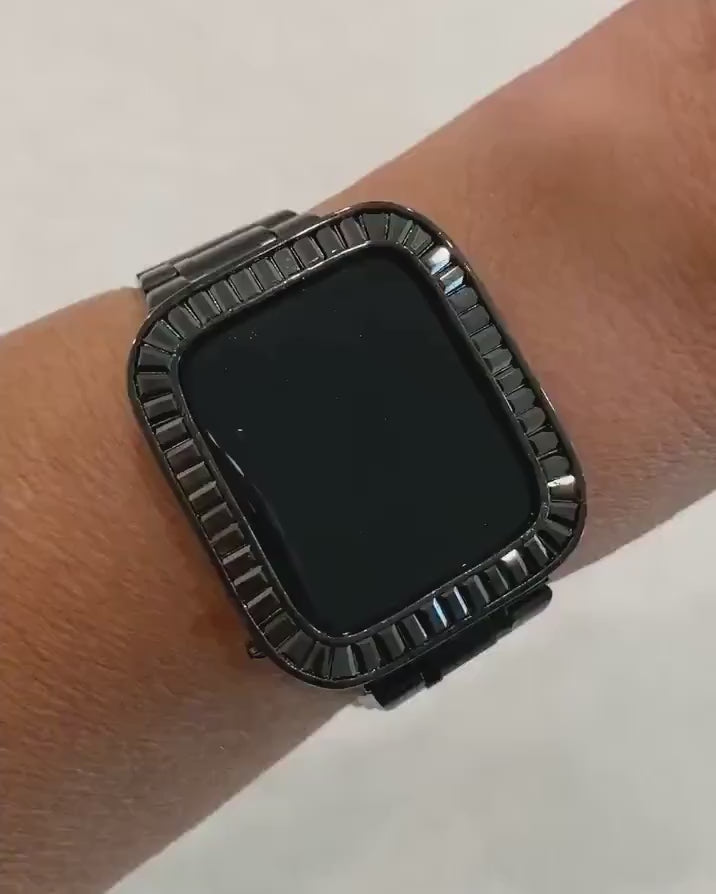 Black Apple Watch Band Stainless Steel & or Lab Diamond Bezel Baguettes 38mm-46mm Smartwatch Bumper Bling