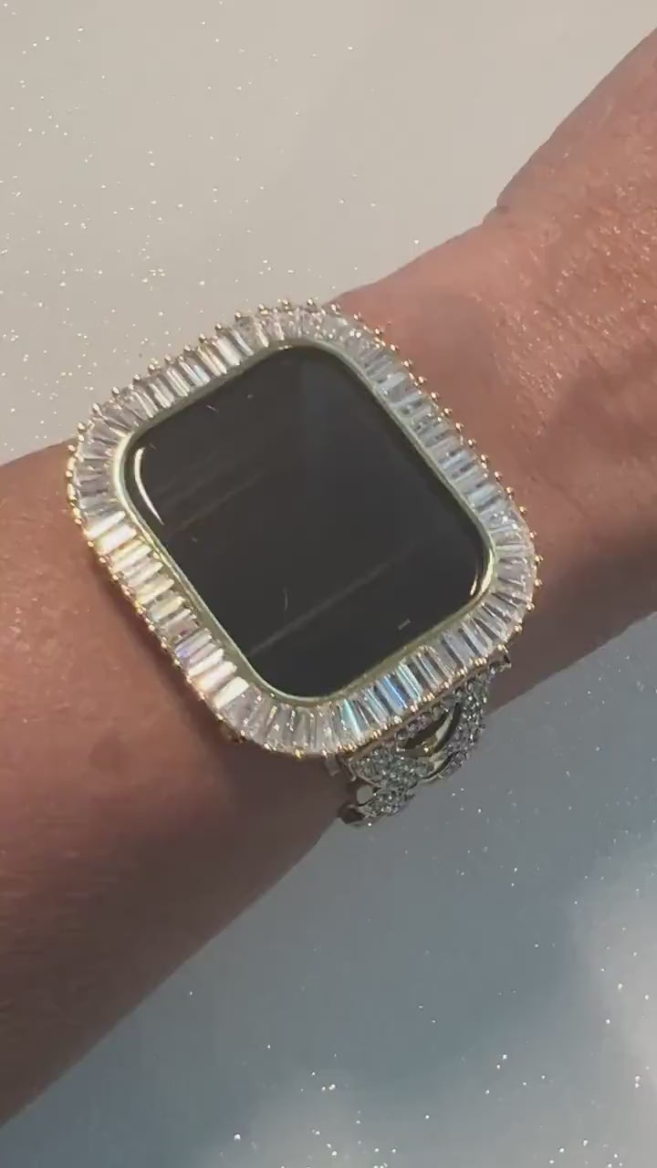 Designer Apple Watch Band Woman Gold Swarovski Crystal Heart Charm & or Apple Watch Case Lab Diamond Baguette Bezel Apple Iphone Watch Cover