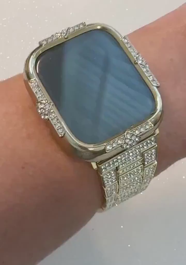 Yellow Gold Apple Watch Band Womens Swarovski Crystals 41mm 45mm & or Apple Watch Case Swarovski Crystals 40mm 44mm Screen Protector Bling