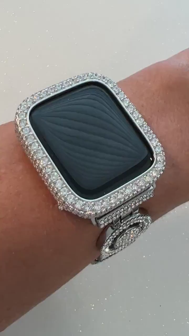 Designer Apple Watch Band Womens Silver Pave Swarovski Crystals & or Apple Watch Cover Iwatch Case Lab Diamond Bezel Bling 38mm-45mm S 2-11