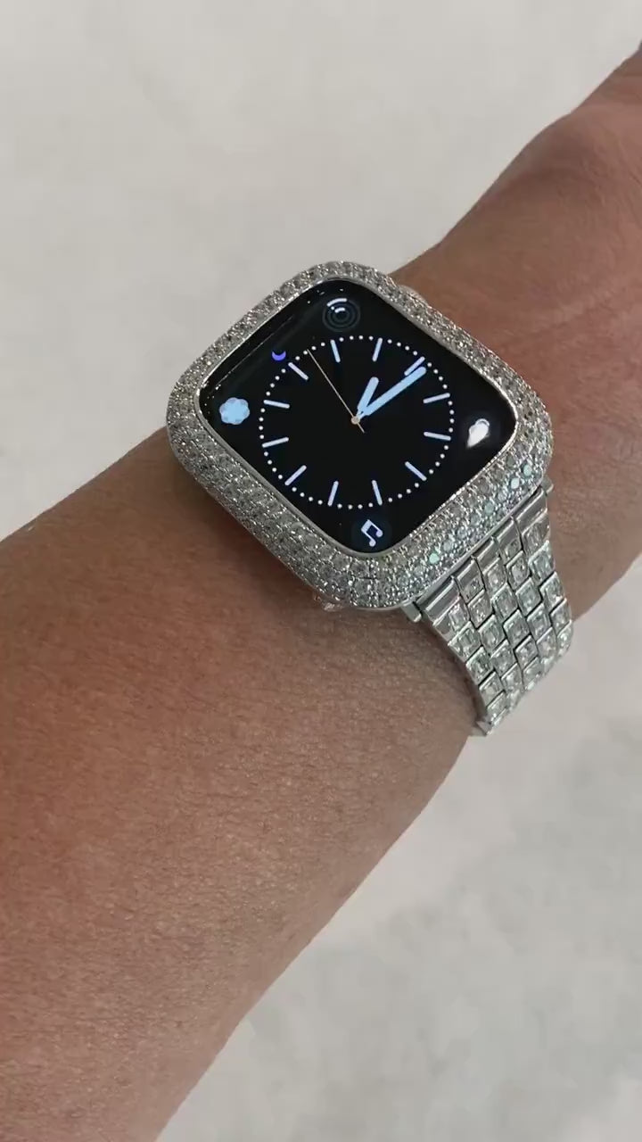 Silver Apple Watch Band Bracelet Swarovski Crystal Baguette & or Apple Watch Cover Lab Diamond Bezel Apple Watch Face Bling 38mm-49mm Ultra
