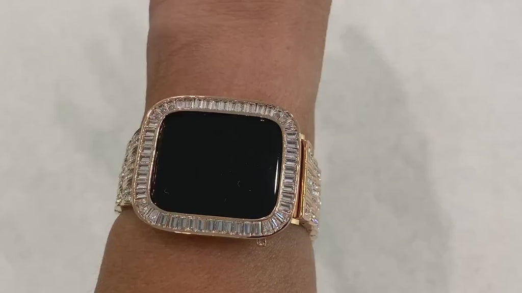42mm 46mm Yellow Gold Apple Watch Cover Lab Diamond Baguette Bezel 38-46mm Series 10-11