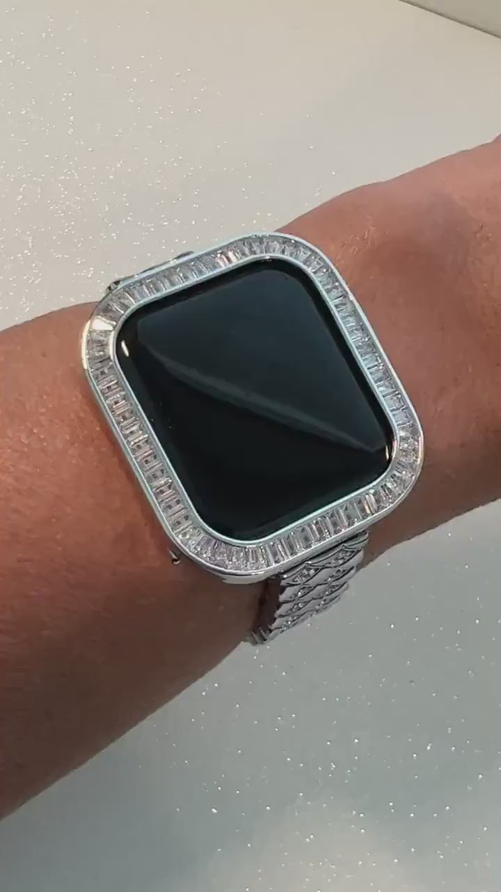 Custom Apple Watch Band Women Silver Swarovski Crystal & or Apple Watch Cover Lab Diamond Bezel Iphone Watch Case Iwatch Candy Bling 38-45mm