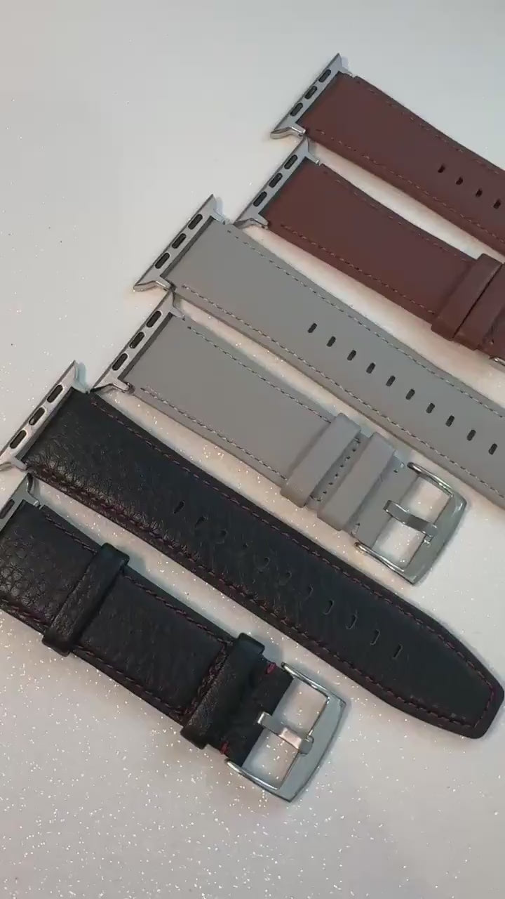 Leather Apple Watch Band Mens Pebbled Black-Red, Smooth Tan-Brown, Gray, Apple Watch Straps 42mm 44mm 45mm 46mm 49mm Iphone Watch Band