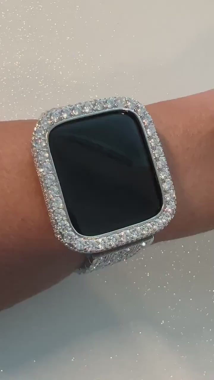 Mens Apple Watch Band Womens Iced Out Silver Stainless Steel Swarovski Crystal & or Apple Watch Cover Lab Diamond Bezel Case Bling 38mm-45mm