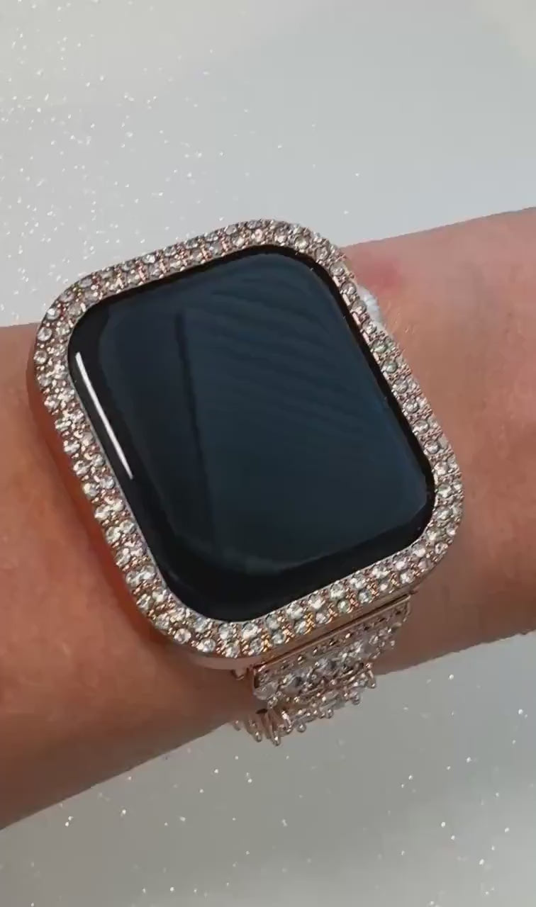 Series 10 Apple Watch Band Women Rose Gold Swarovski Crystals & or Apple Watch Case for Iphone Watch Protective Iwatch Cover Bling 38-49mm