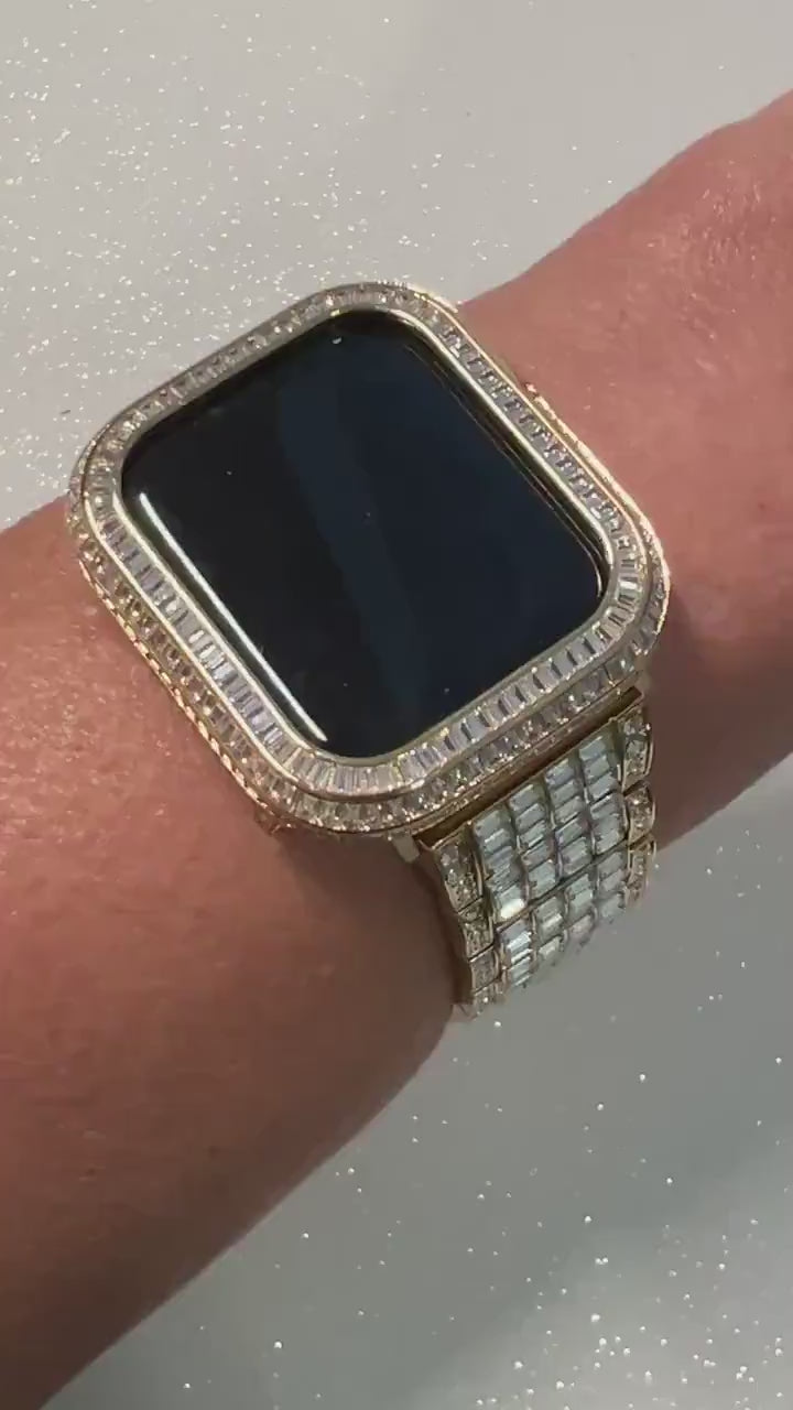 Luxury Apple Watch Band Womens Mens Gold  Crystal & or Apple Watch Case Baguette Lab Diamond Bezel Apple Watch Cover Iwatch Candy