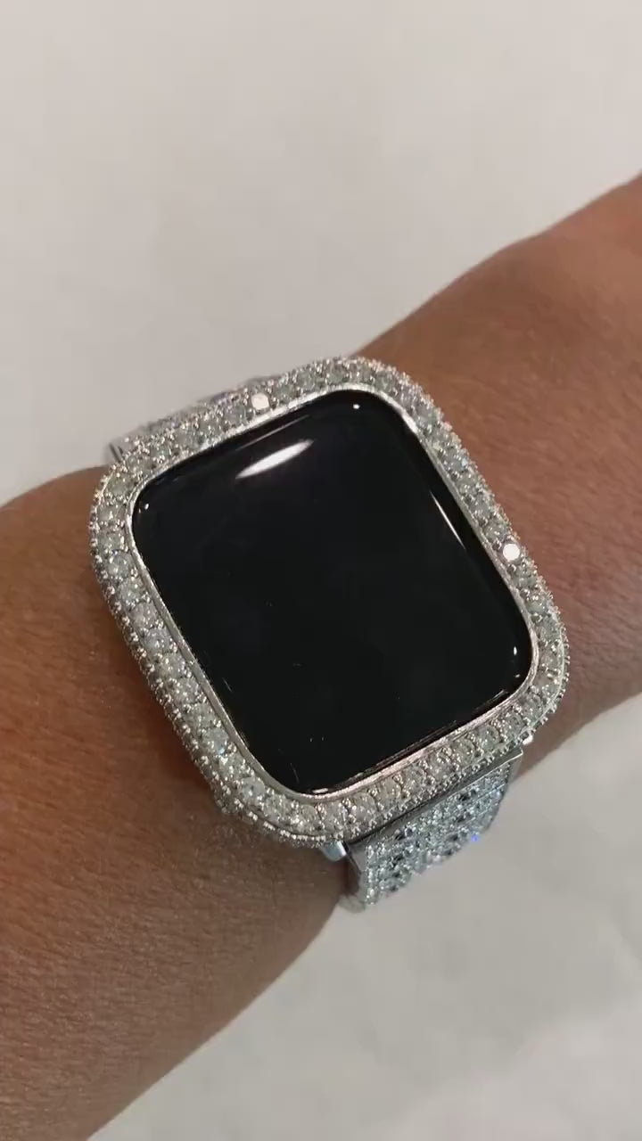 Silver Apple Watch Band Pave Swarovski Crystal 38 40 41 42 44 45 46 49mm Ultra & orApple Watch Cover Lab Diamond Bezel Bling Series 2-11