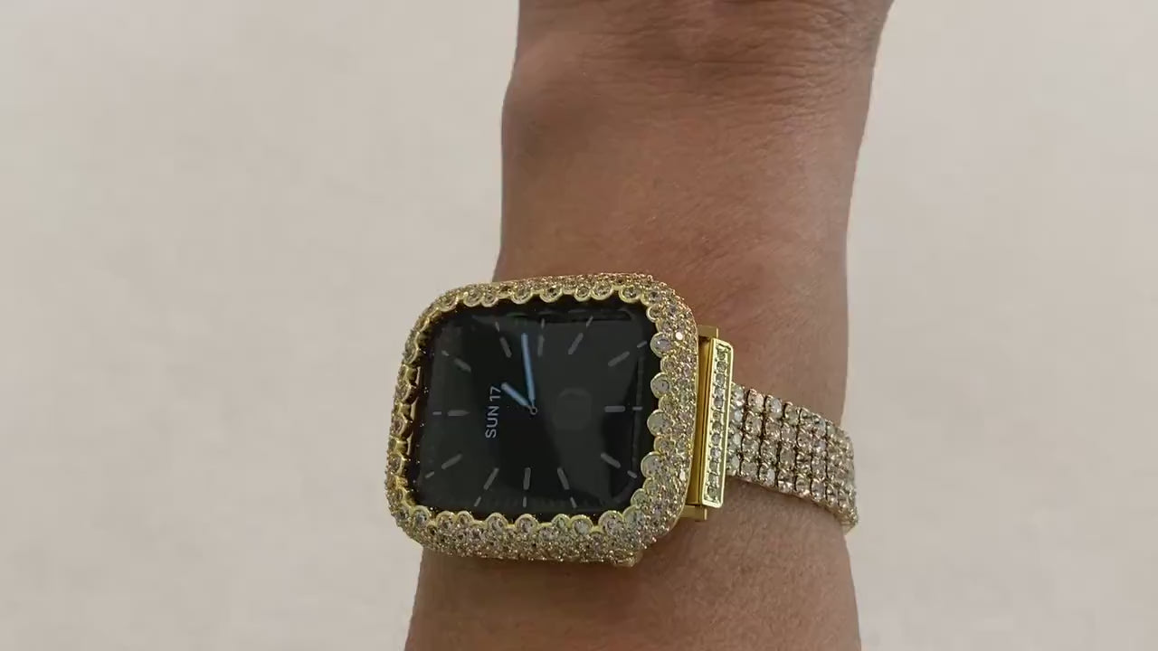 Gold Apple Watch Band 42mm 46mm Series 10-12 Swarovski Crystals & or Apple Watch Case Lab Diamond Bezel Cover Bling 38mm-49mm Iwatch Candy