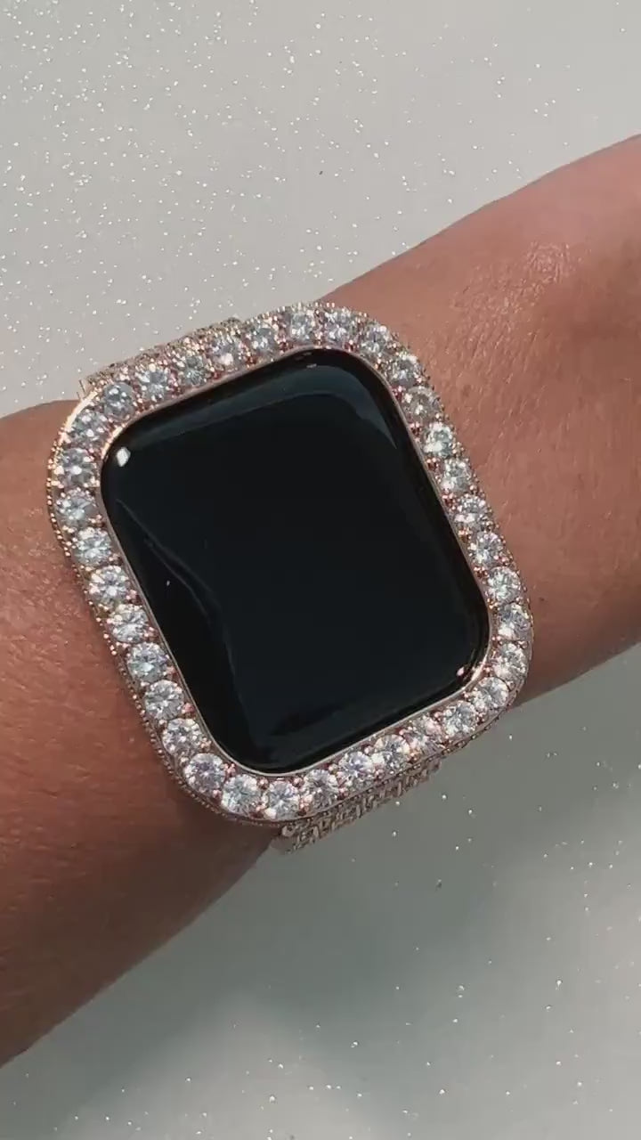 Apple Watch Band Women Rose Gold Swarovski Crystals & or Apple Watch Case 3.5mm Lab Diamond Bezel Iphone Watch Cover Iwatch Candy 38mm-45mm