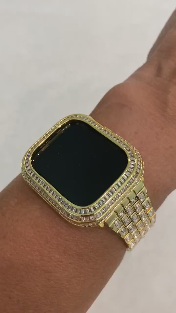 Custom Gold Apple Watch Band Swarovski Crystal Baguettes & or Apple Watch Cover Lab Diamond Baguette Bezel Iwatch Case 40mm 44mm 41mm 45mm