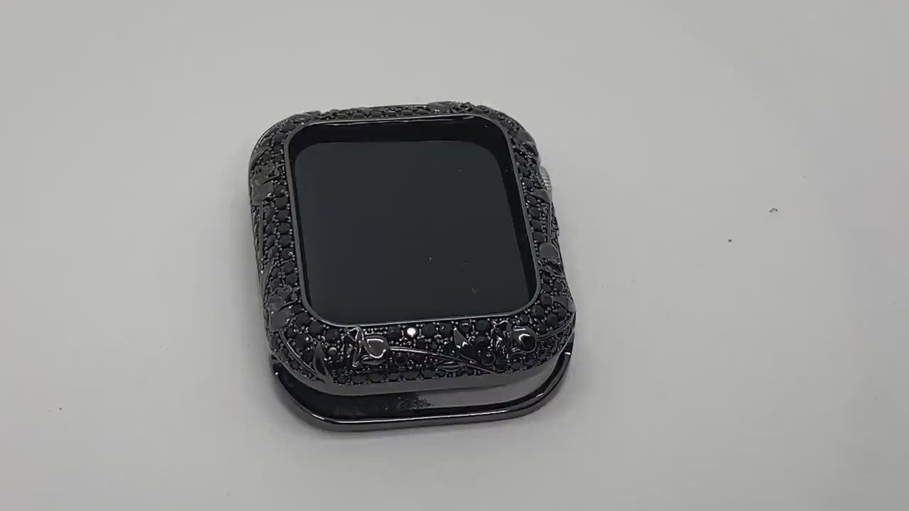 Apple Watch Case Black on Black Metal Iphone Case, Apple Watch Cover with Floral Design  Crystals 38mm 40mm 42mm 44mm Series 2-9