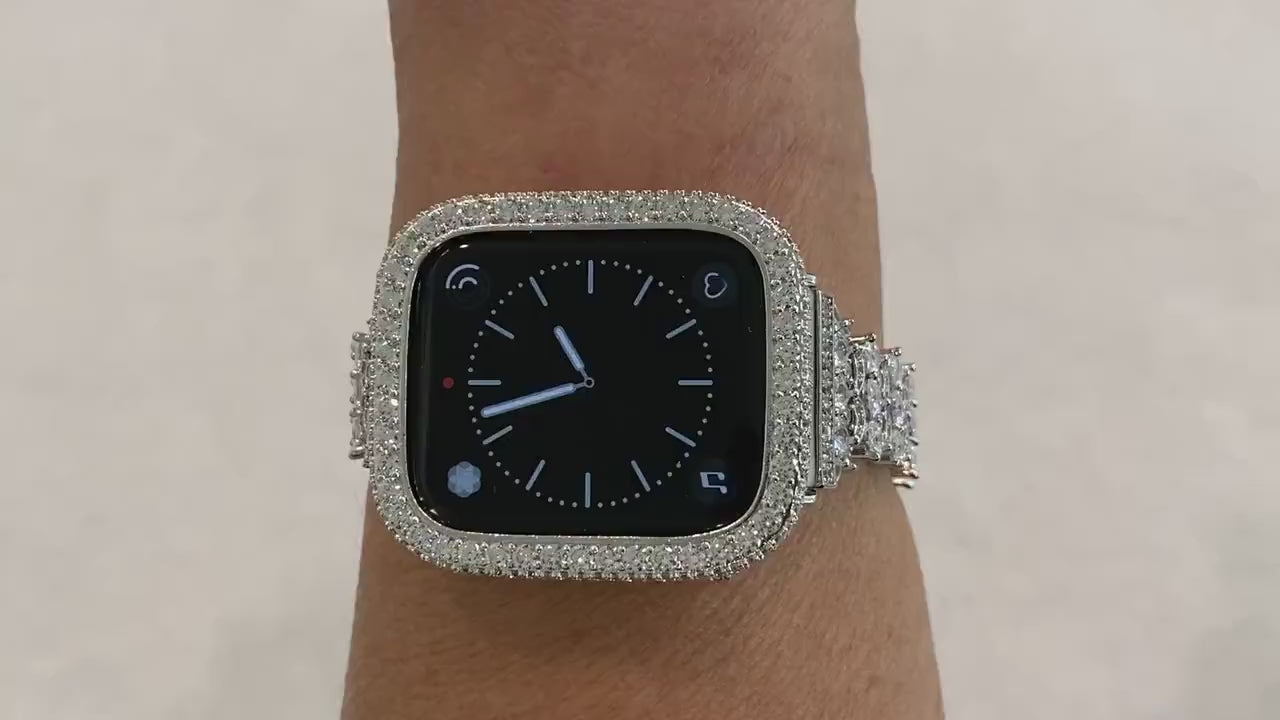 Silver High End Crystal Apple Watch Band, Bling Watch Band Women, Lab Diamond Apple Watch Case, Luxury Watch Cover 38mm-49mm Ultra