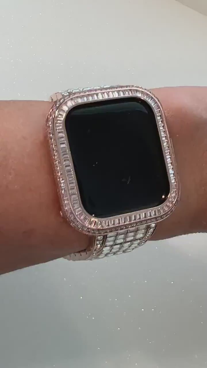 Apple Watch Band Women Rose Gold Swarovski Crystals & or Apple Watch Cover Baguette Lab Diamond Bezel 40mm 41mm 44mm 45mm Iwatch Candy Bling