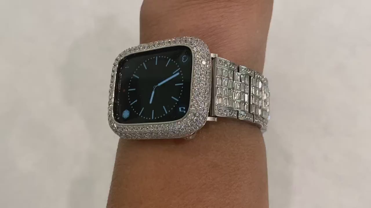 Swarovski Crystal Apple Watch Band Silver Baguette & or Apple Watch Case Lab Diamond Bezel Cover Apple Watch Case Bling 38mm-49mm Ultra Gift