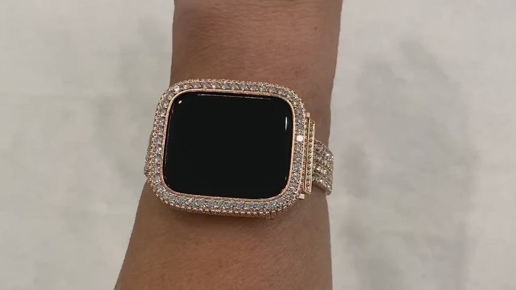 Apple Watch Band Series 10 Rose Gold Swarovski Crystals & or Apple Watch Cover Lab Diamond Bezel Case Smartwatch Bumper Bling 38mm-49mm