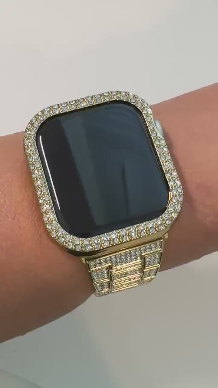 Gold Apple Watch Band Stainless Steel, Crystal Iwatch & or Apple Watch Case, Rhinestone Case, Tempered Glass Screen Protector, Series 12