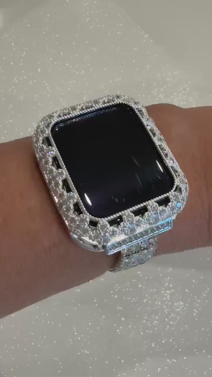 Silver Apple Watch Band Women Swarovski Crystals & or Flower Apple Watch Case for Iphone Watch 41mm-46mm Smartwatch Bumper Case Bling