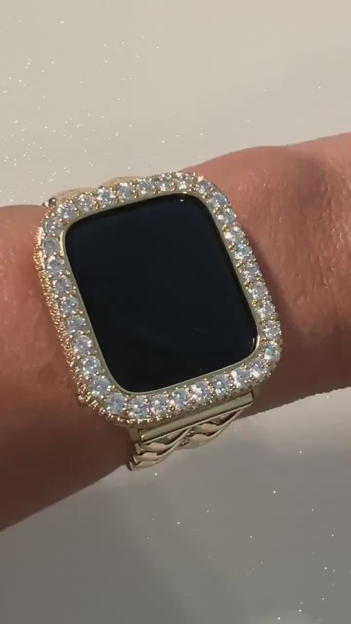 Gold Apple Watch Band Double Row Hearts Bracelet, Iphone Watch Band, Iwatch band & or Apple Watch Case 3.5mm Lab Diamond Bezel Cover Gift