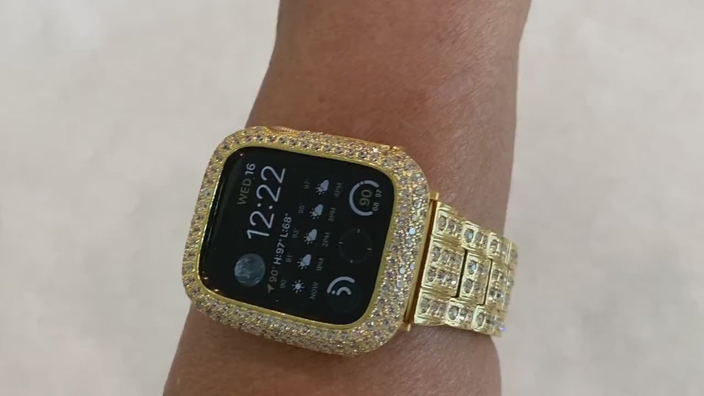 Apple Watch Band Gold Stainless Steel Swarovski Crystals & or Apple Watch Cover Lab Diamond Bezel Series 2-10 38mm-49mm Ultra Iwatch Case