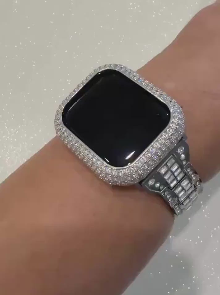 Silver Apple Watch Band Swarovski Crystals Baguettes 38mm-49mm Ultra & or Apple Watch Cover Lab Diamond Bezel Apple Watch Case Iwatch Candy