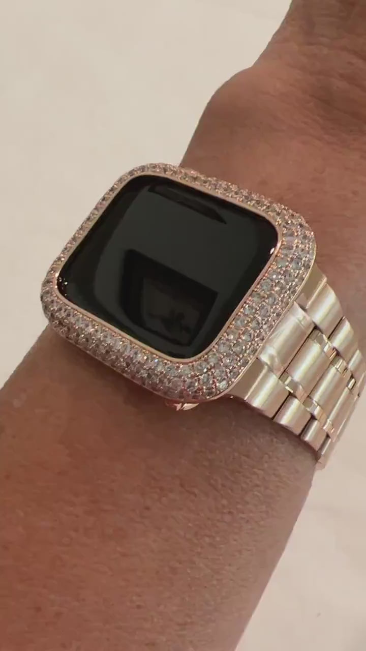 Apple Watch Band 41mm 45mm 49mm Ultra Rose Gold Stainless Steel Ultra Thin & or Lab Diamond Bezel Cover Bling for Smartwatch 38-45mm S 2-11