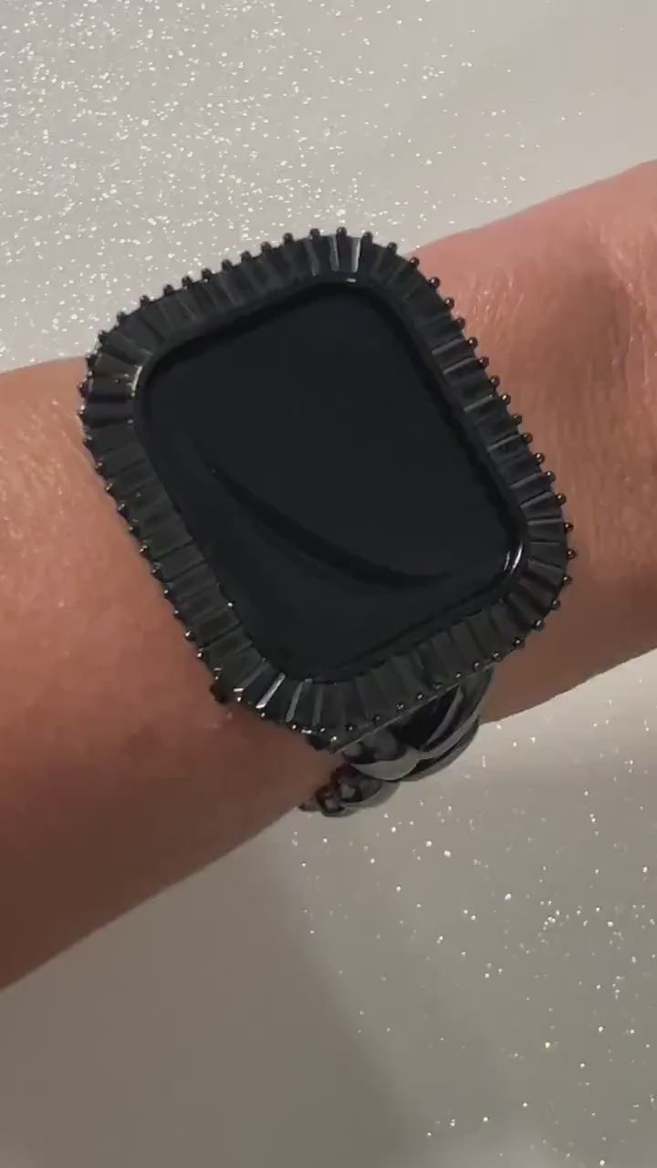 Black on Black Apple Watch Band, Sleek Iphone Watch Band Chevron Link & or Apple Watch Case Baguette Lab Diamond Bezel Iwatch Cover Bling