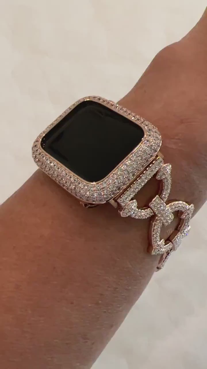 Pave Apple Watch Band Women 38 40 41 42 44 45 46 49mm Ultra Rose Gold Swarovski Crystals & or Apple Watch Case Lab Diamond Bezel Cover Bling